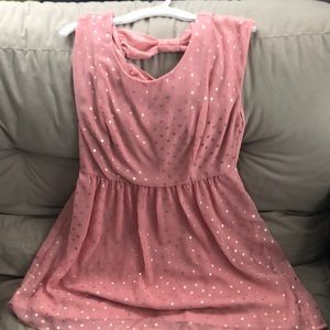 Sleeveless pink & gold polka dot dress.